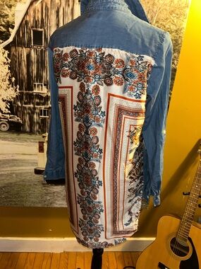 Upcycled Light Blue Denim Button-Down Shirt Dress with scarf material on back